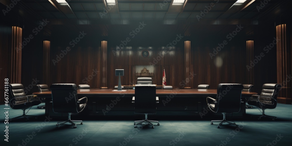 Poster a professional conference room setup with a table and chairs. suitable for business meetings and pre
