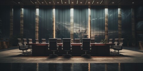 A picture of a conference table with chairs in a dark room. This image can be used to represent business meetings, negotiations, or discussions in a professional setting - obrazy, fototapety, plakaty