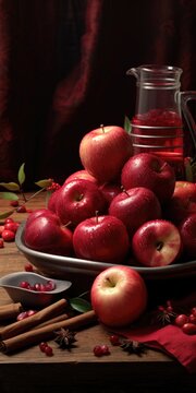A simple yet inviting image featuring a plate filled with fresh apples and cinnamon sticks. 