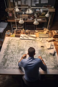 A man is sitting at a table with a large map. This image can be used for travel planning, navigation, or exploring new places
