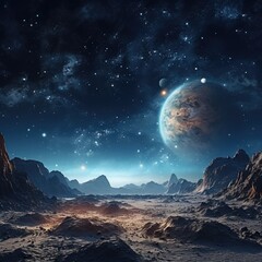 Naklejka na ściany i meble A breathtaking view of a distant planet with majestic mountains in the foreground. Perfect for space exploration or futuristic concept designs