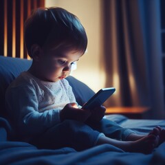 Toddler playing with handphone smartphone on the bed