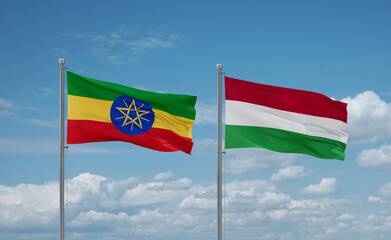 Hungary and Ethiopia flags, country relationship concept