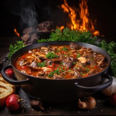 A pot of delicious stew with a combination of meat and vegetables is placed on a table. 