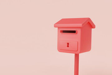 Postbox on pink background. Mail delivery, Mailbox, Post office, Sent mail message, Incoming mail, Receive envelope, Message, email icon, Newsletter. Minimal cartoon. 3d minimal render illustration