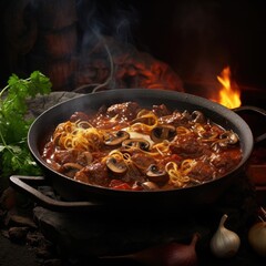 Fototapeta premium A picture showcasing a skillet filled with an abundance of food placed next to a crackling fire. Perfect for depicting outdoor cooking or camping scenes