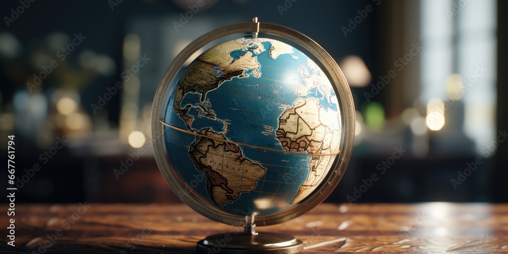 Poster a globe sitting on a table with a blurred background. perfect for educational or travel-related desi