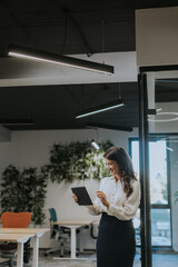 Young woman with digital tablet standing in the modern office