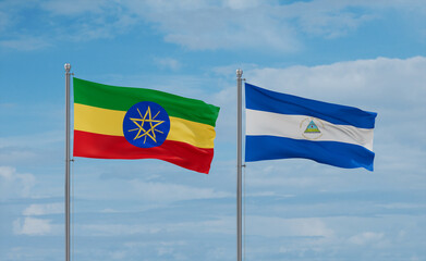 Nicaragua and Ethiopia flags, country relationship concept