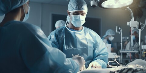Two surgeons are shown performing a surgery in an operating room. This image can be used to illustrate medical procedures and the expertise of surgeons in a hospital setting - obrazy, fototapety, plakaty