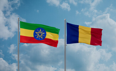 Romania and Ethiopia flags, country relationship concept