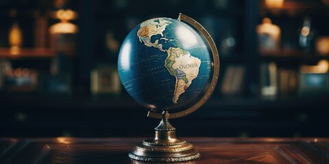 A blue globe sitting on top of a wooden table. Perfect for educational or travel-related projects