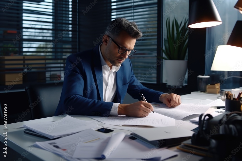 Poster a man sitting at a desk, focused on writing on a piece of paper. this image can be used to represent