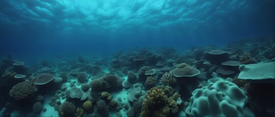 Naklejka na ściany i meble underwater photo blue background panorama ocean surface and bottom of the sea