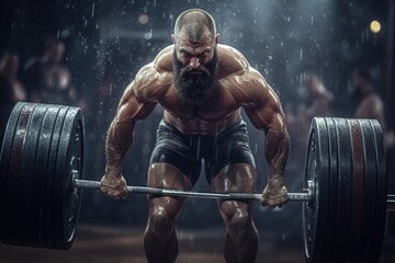 Fototapeta na wymiar A man with a beard is lifting a barbell. This image can be used to illustrate fitness, strength training, or weightlifting