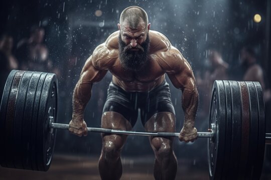 A man with a beard is lifting a barbell. This image can be used to illustrate fitness, strength training, or weightlifting