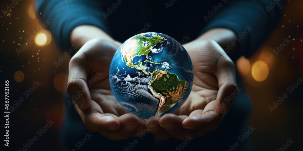 Poster a person is seen holding a globe in their hands. this versatile image can be used to represent globa