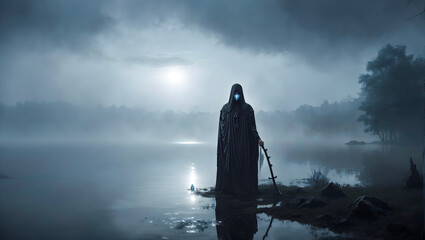 The ghost standing at the edge of a mist-covered lake, reflecting the moon's pale light.