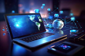 Tech devices and icons connected to digital planet earth, communication concept, business network, business concept, laptop and globe, global communication concept, Generative AI