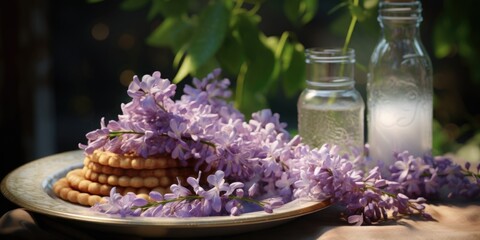 A plate of cookies and purple flowers displayed on a table. Perfect for food and floral-themed designs