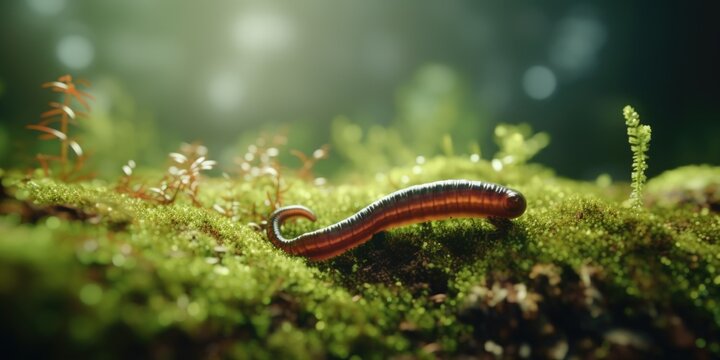 A red and black worm is pictured sitting on top of a vibrant, lush green field. This image can be used to depict nature, biodiversity, or the beauty of the outdoors