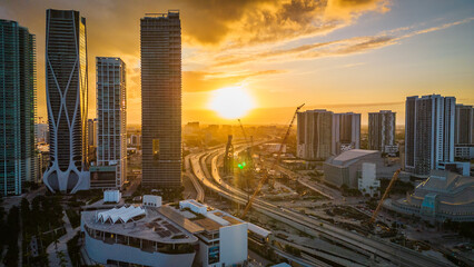 Aerial Sunset Miami downtown florida usa