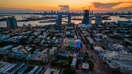 Miami Florida Usa south beach at sunset aerial drone 