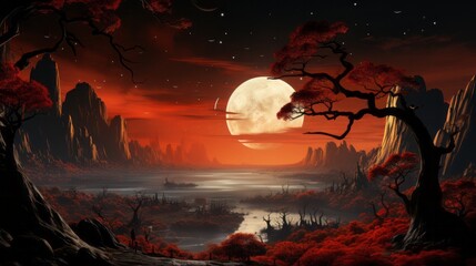 A fiery red moon hangs low in the sky, casting a spell over the tranquil river as the sun sets on the untamed landscape of nature