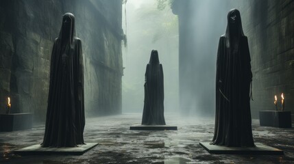 Black-robed statues stand stoically on the ground, their presence evoking a sense of mystery, authority, and timelessness - obrazy, fototapety, plakaty