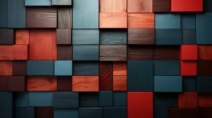 Vibrant rectangles and squares of various colors come together in an abstract art piece, creating a fluid and wild pattern reminiscent of a building made entirely of wood blocks - obrazy, fototapety, plakaty