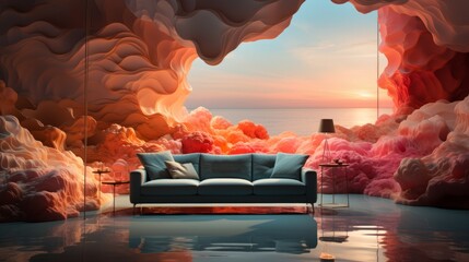 A cozy oasis of natural elements, with a vibrant cloud mural as the backdrop, invites you to sink into the plush couch and admire the beauty of water and nature within the comfort of your own home - obrazy, fototapety, plakaty