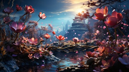 A vibrant, untamed watercolor captures the essence of a river adorned with delicate flowers and rugged rocks, a breathtaking tribute to the beauty and power of nature in its purest form - obrazy, fototapety, plakaty