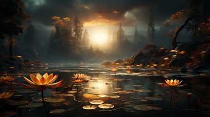 As the moonlight dances on the rippling water, lily pads and trees sway in the tranquil outdoor landscape, reflecting the wild beauty of nature's flora in the stillness of the night