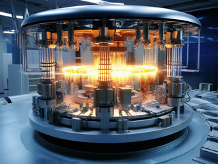 A scientist monitoring a fusion reactor during a controlled experiment in a laboratory setting.