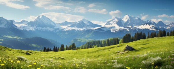 Idyllic mountain landscape in the Alps with blooming meadows in springtime, morning light, copy space, Generative AI