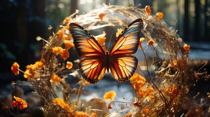 A vibrant butterfly gracefully dances among a colorful array of flowers, embodying the untamed beauty of nature