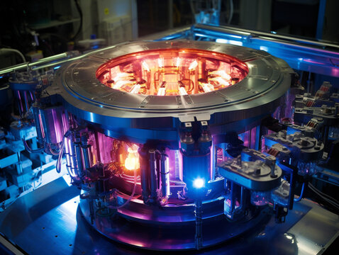 Scientists observe a fusion reactor in a controlled experiment, seeking clean and limitless energy.