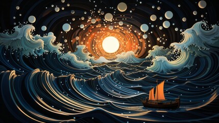 A vibrant, swirling painting of a boat lost in the vastness of the ocean, its circular form a symbol of the endless journey through life and the ever-changing nature of art - obrazy, fototapety, plakaty