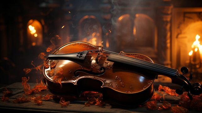 The haunting melody of the violin dances among the flickering flames of the fireplace, filling the cozy indoor space with a fiery passion for music