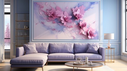 A cozy living room with a vibrant floral painting, adorned with a plush couch and loveseat, nestled against a wall with a vase of flowers, decorative pillows, and a beautiful sofa on the floor