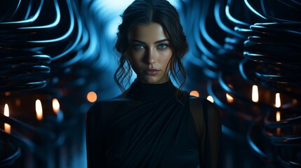 A haunting portrait of a mysterious woman in a flowing black dress, her face illuminated by the flickering light of a solitary candle, exuding an air of both elegance and danger