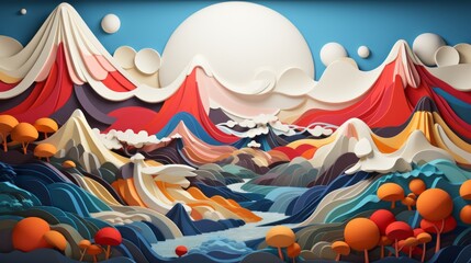 A vibrant, whimsical painting of a cartoon landscape, adorned with towering orange mountains and lush trees, captures the essence of nature's wild beauty through the lens of playful art