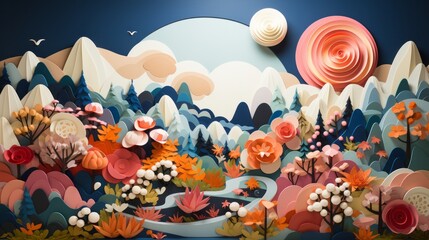 Vibrant blooms and lush foliage burst forth from a whimsical paper world, blending elements of traditional painting, playful cartoon characters, and dreamy anime illustrations
