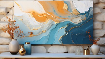 A vibrant painting on a shelf, its intricate map-like design entwined with a delicate vase, its bold strokes of paint evoking a sense of passion and artistry