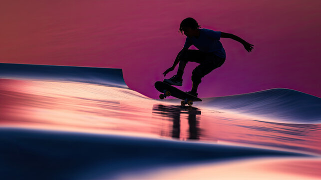 skateboard wallpaper banner with teenager in skate park, black silhouette and pink and purple background and reflection 