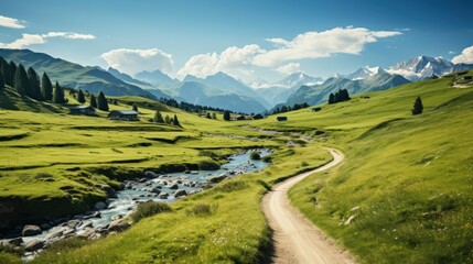Fototapeta premium Idyllic mountain landscape in the Alps with blooming meadows in springtime, morning light, copy space, Generative AI