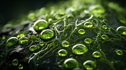 A verdant landscape of dew-kissed leaves, sparkling with the essence of life, as droplets of rain dance upon the smooth surface of a rugged rock