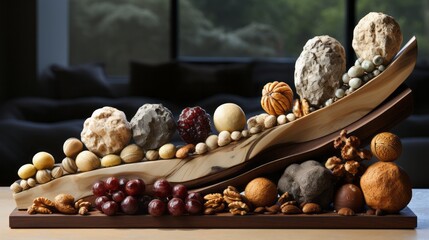 An eclectic array of delectable nuts and fruits artfully arranged on a wooden display, enticing all senses with its miniature indoor oasis of flavor and texture - obrazy, fototapety, plakaty