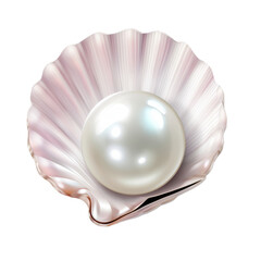Shiny white pearl in shell on transparent background