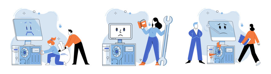 Computer troubleshooting. Vector illustration. The computer troubleshooting concept highlights importance addressing software issues promptly Technicians specialize in renovation and restoration